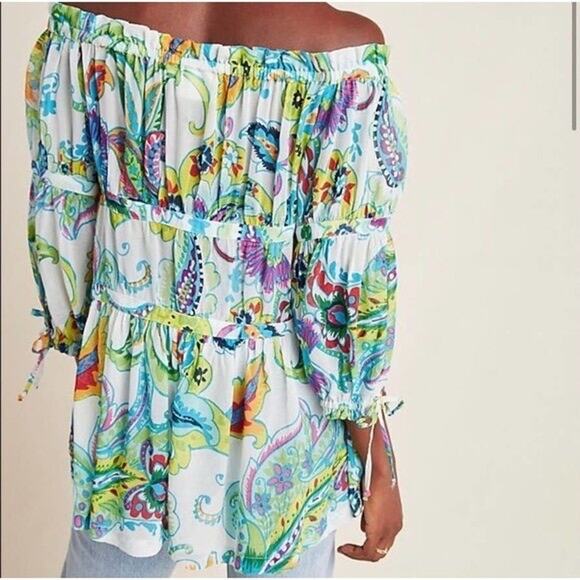 Anthropologie Maeve Frankie Off The Shoulder Blouse Small Peasant Floral Preppy - Picture 2 of 10